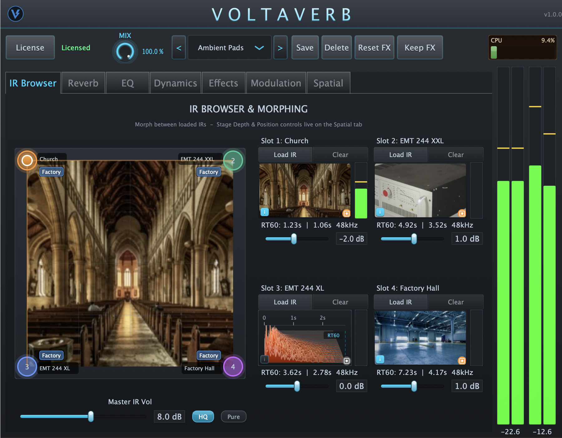 Voltaverb IR Browser panel — four impulse response slots with an XY morph pad