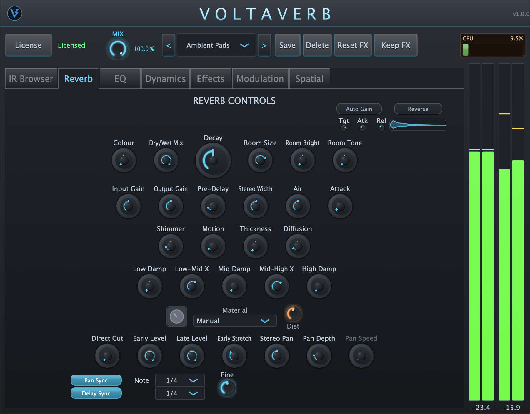 Voltaverb Reverb panel — decay, room size, 3-band damping, pre-delay and shimmer