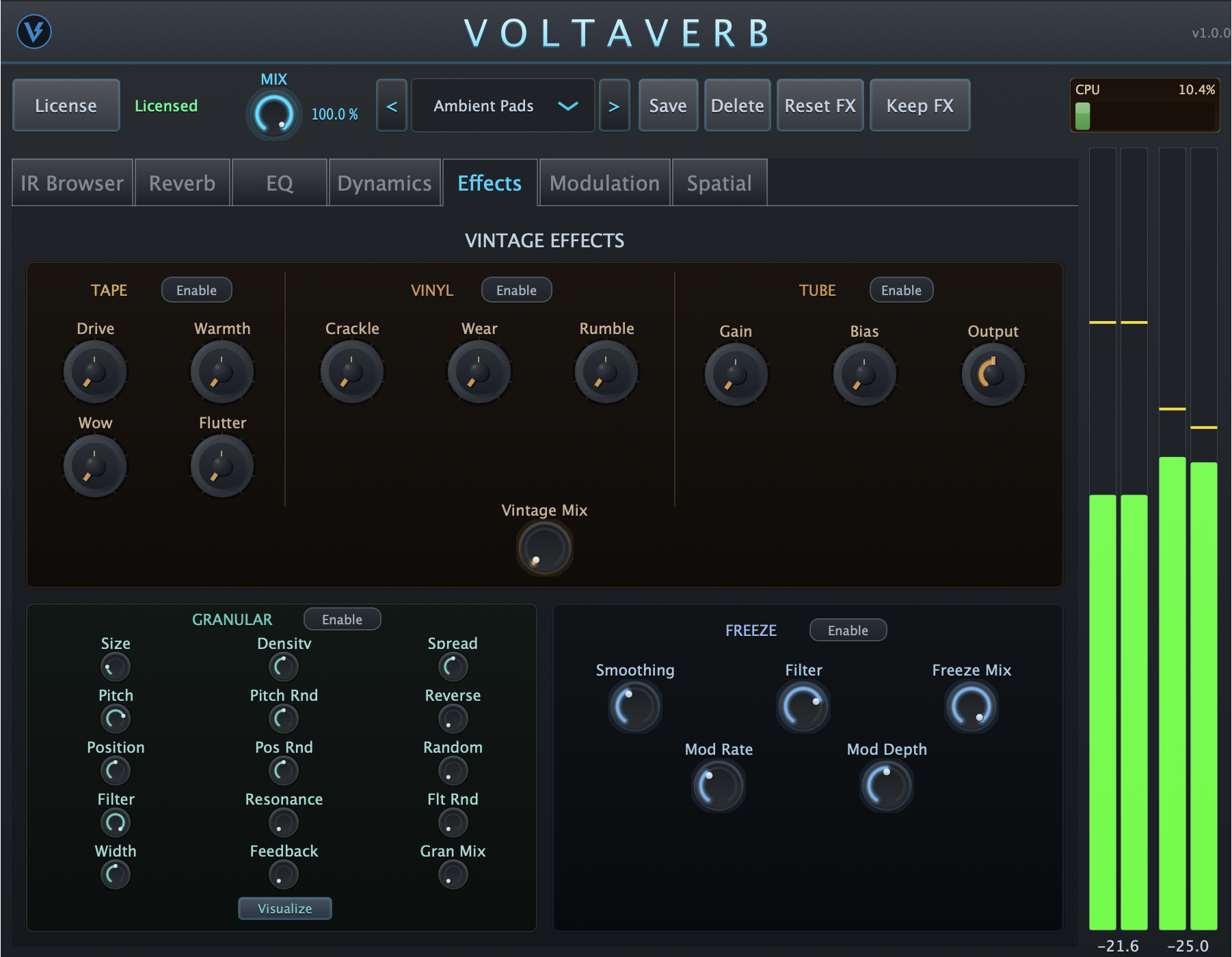 Voltaverb Effects panel — granular processing, freeze, reverse and vintage colour