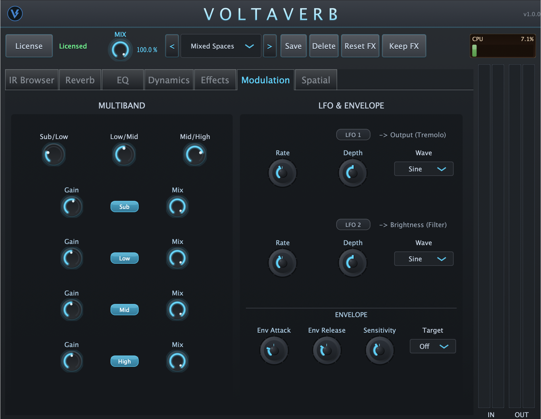 Voltaverb Modulation panel — dual LFOs, envelope follower and multiband processing