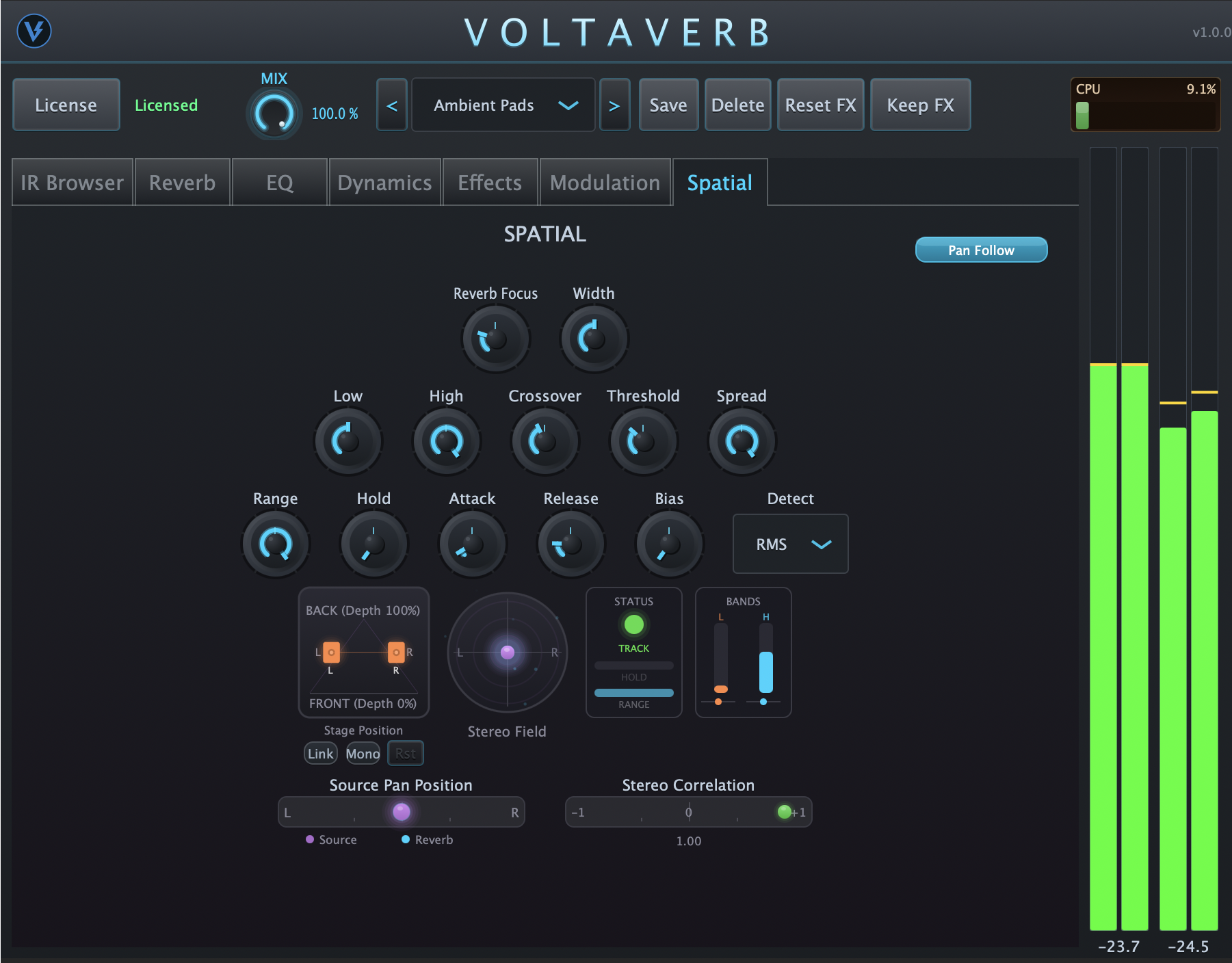 Voltaverb Spatial panel — pan-following reverb and mid-side stereo width